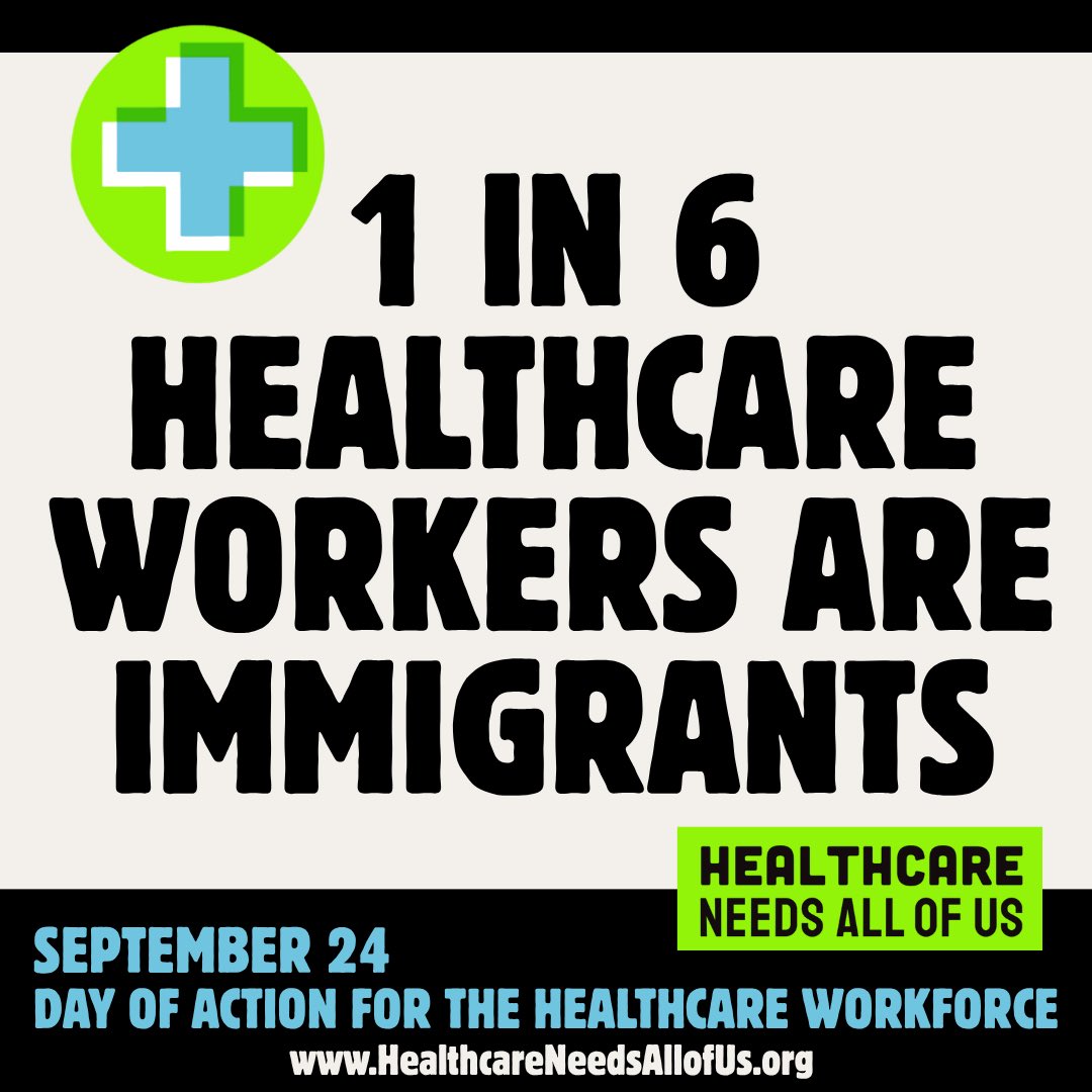 A graphic poster with a medical cross icon and bold lettering promoting immigrant healthcare workers and a healthcare workforce day of action. A small slogan block appears at the lower right. The poster has a black border and background bands.