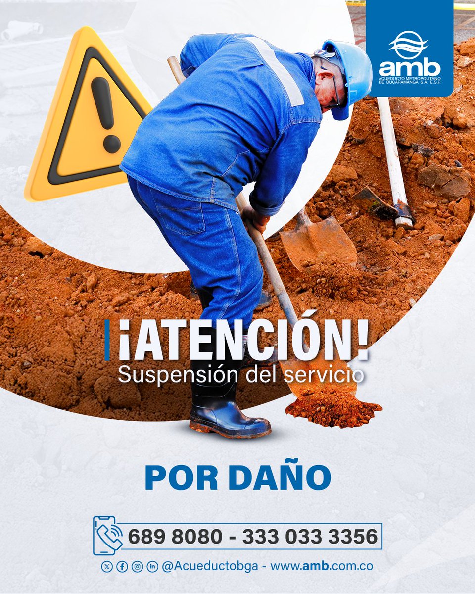 acueductobga's tweet photo. 🚧#DeServicio Por daño en la tubería de impulsión al tanque Valle de los Caballeros, por trabajos que se adelantan por un tercero, se suspendió el suministro de agua potable en unos barrios del sector Suroriental del municipio de Girón.
🕓 Restablecimiento estimado: 11:00 p.m. https://t.co/WLN2Loc90f