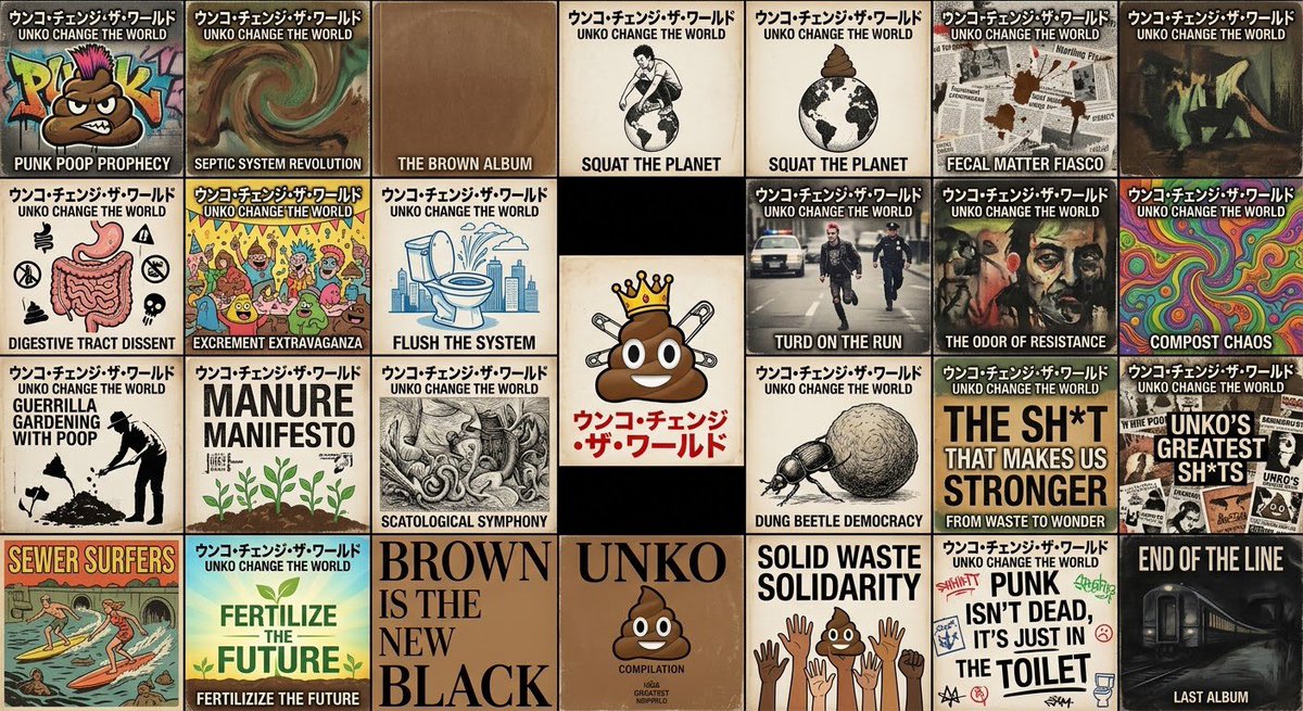 poop_revolution's tweet photo. 世界的ジャムバンド「ウンコ・チェンジ・ザ・ワールド」の名盤アルバムジャケット25選

こうして並べると、偉大なバンドだったとわかる。違うジャンルに毎回挑みながらもメッセージ性は一貫していた。メンバーチェンジがないのもすごい。 https://t.co/KbeI4K4xH3