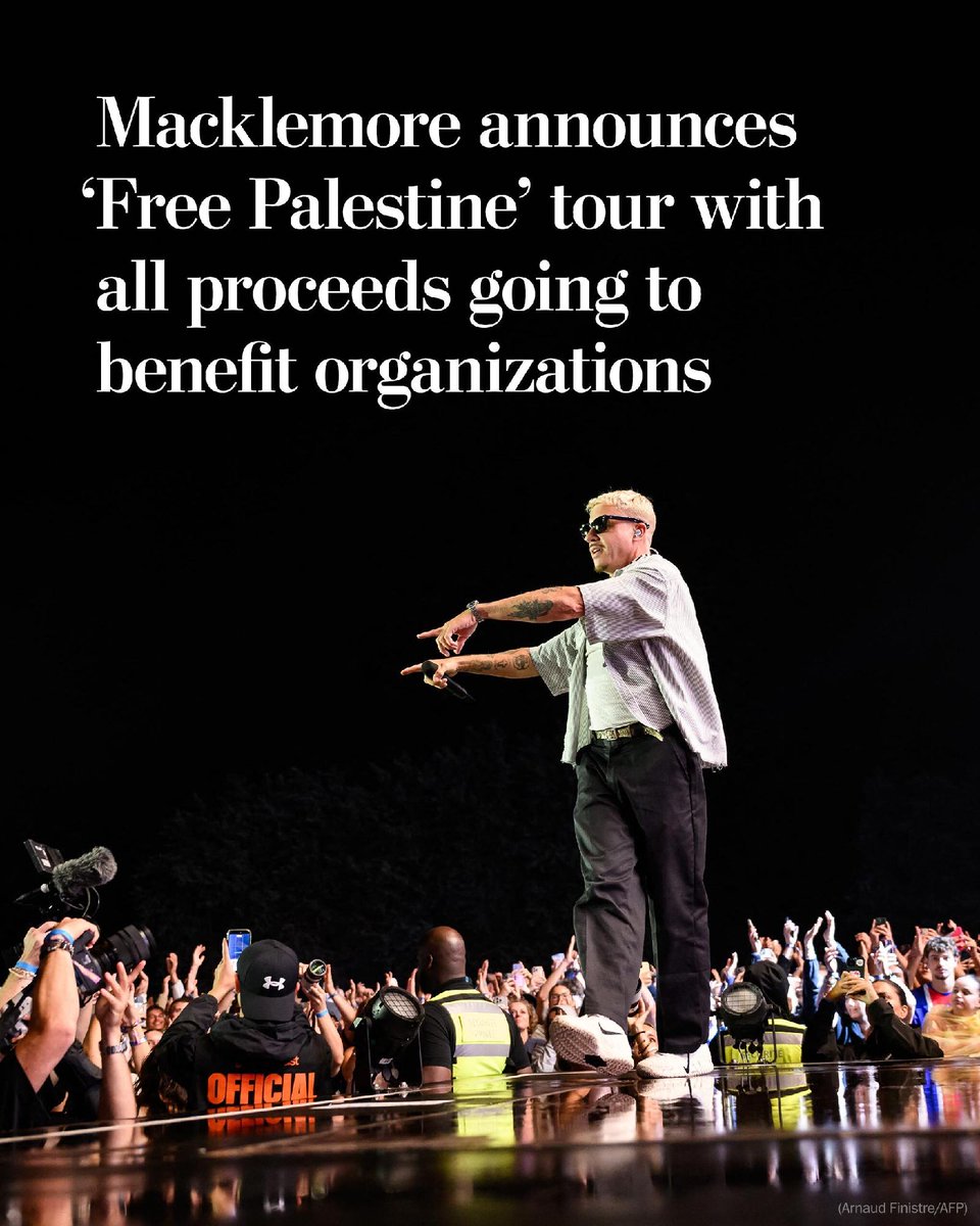 washingtonpost's tweet photo. Macklemore announced a “Free Palestine” tour with all proceeds going to benefit organizations supporting the Palestinian people and movement.

More artist announcements, as well as U.S. dates, will be coming soon, he said. https://t.co/AmGutKat3Y https://t.co/rZeXgQ40LV