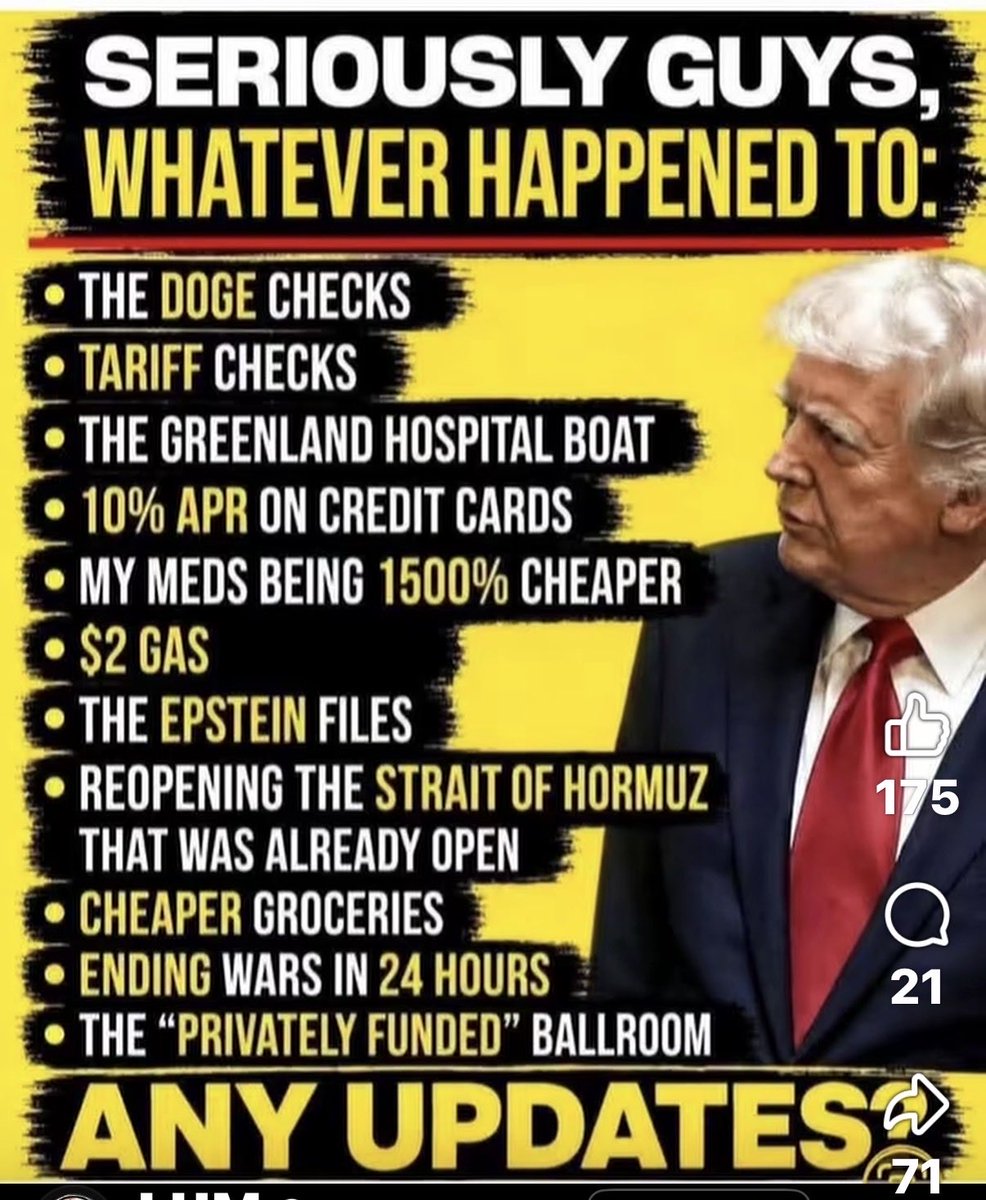 Craigo5221's tweet photo. @ScottJenningsKY Just a few of the things people are disappointed with!
Republicans brought you higher energy prices, an unending war in Iran, 2 closed Straits and greater inflation!
And their leader is a Lying POS PEDOPHILE!
#FSJ https://t.co/6W1htpjohs