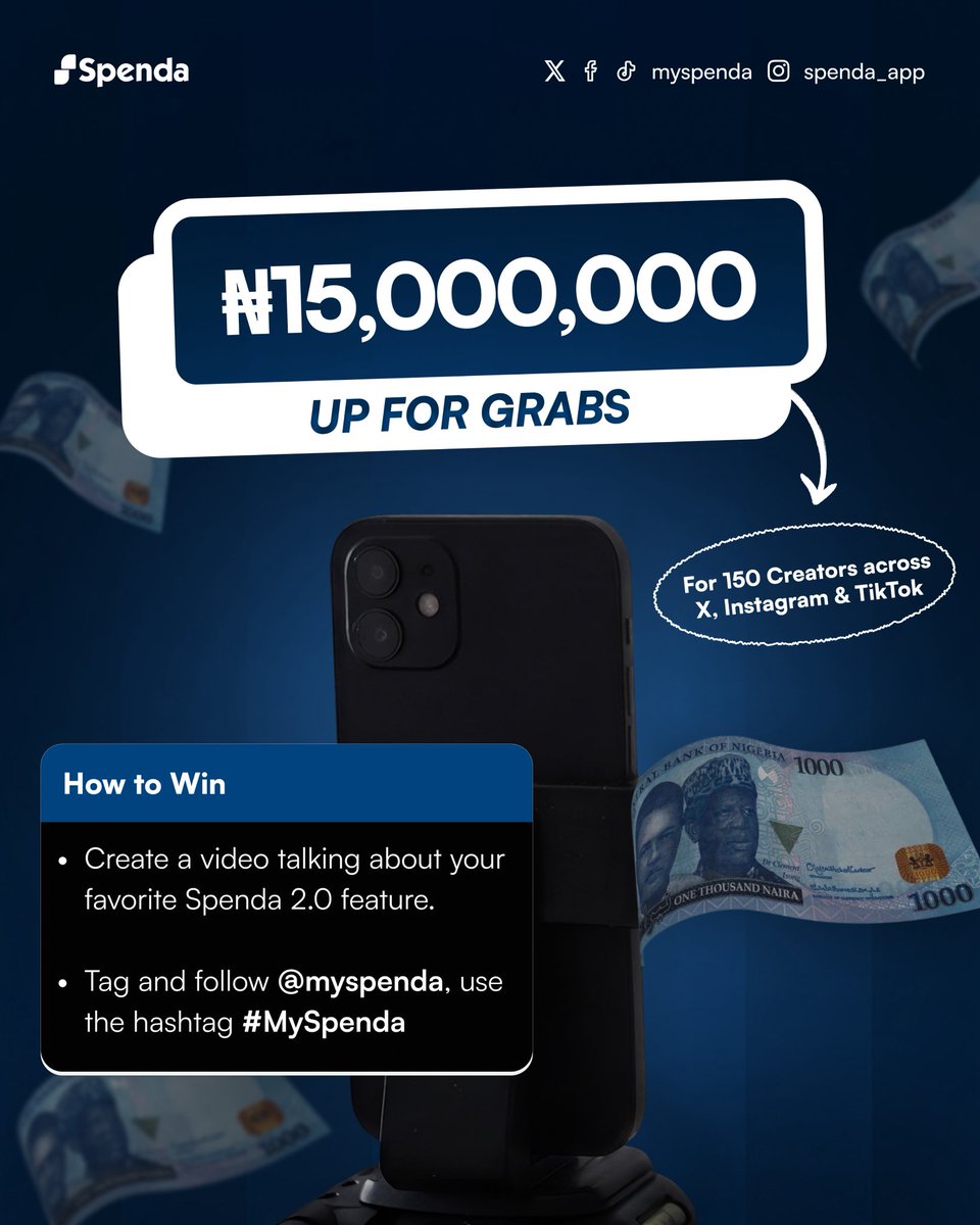 MySpenda's tweet photo. ₦15,000,000 up for grabs! 💰

For 150 creators across X, Instagram, and TikTok (50 winners per platform).

To win:

- Make a video talking about your favorite Spenda 2.0 feature(s)

- Post on X, Instagram, or TikTok

- Tag and follow @myspenda ( @ spenda_app on IG) and use the hashtag #MySpenda

P.S: Your video could be funny, educational, creative, a day-in-the-life, a feature demo, a skit, a hot take — anything goes!

Submission ends: 20th October