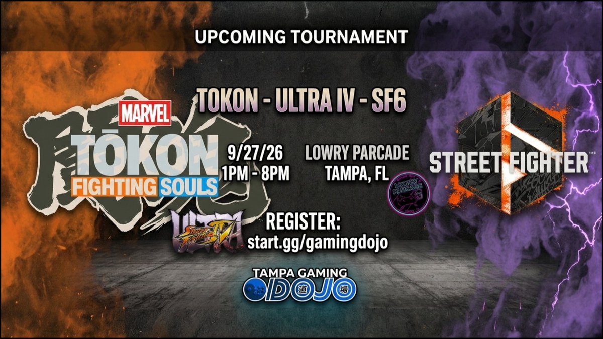 TampaGamingDojo's tweet photo. Friendly Reminder Tournament This Sunday 🏆
📍 Lowry Parcade (Tampa, FL) @lowryparcade 
Featured Tournaments:
⚔️ Marvel Tokon: Fighting Souls (2PM)
⚔️ Ultra Street Fighter IV (3:30PM)
⚔️ Street Fighter 6 (5PM)Register 🔗https://t.co/RxBFIdnc57
#FGC #Tampagamingdojo #Tokon #SF4 #SF6