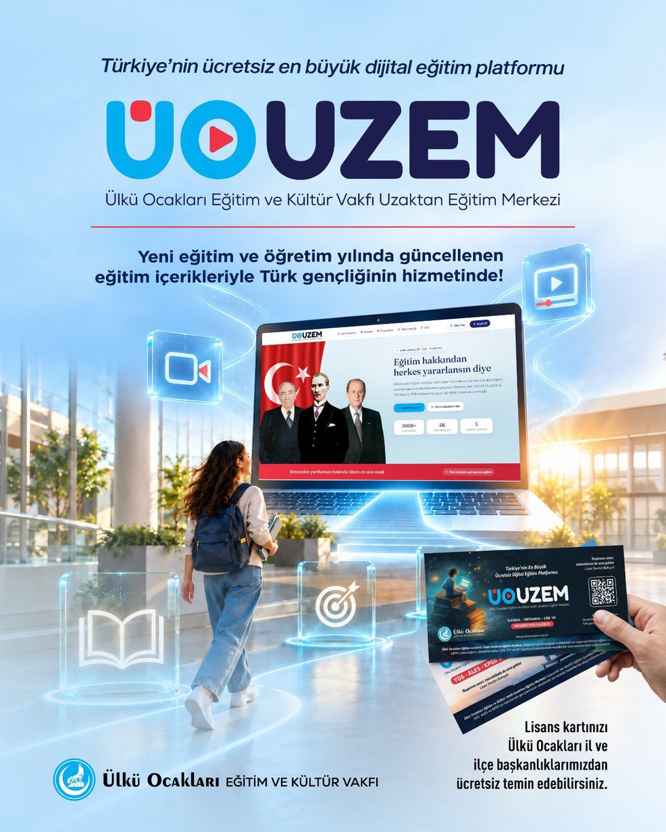 MSadiaydogdu's tweet photo. Kıymetli Gençler 🇹🇷

İlkokuldan üniversiteye; LGS, YKS, KPSS, ALES ve YDS’ye hazırlık süreçlerinde ihtiyaç duyacağınız eğitim içeriklerine ücretsiz erişim imkânı sunan Ülkü Ocakları UZEM, güncellenen içerikleriyle hizmetinizde!

Ücretsiz kullanmaya başlamak için lisans kartınızı Ülkü Ocakları il ve ilçe başkanlıklarımızdan temin edebilirsiniz.

🌐 https://t.co/V5IsEG5F7R