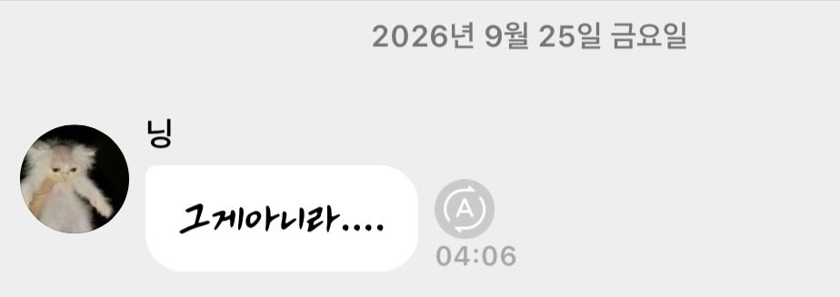 A Korean messaging screenshot dated '2026년 9월 25일 금요일' (Friday, September 25, 2026) at 04:06, with a cat profile picture and the message '그게아니라....' (That's not it....) sent to '팅'.