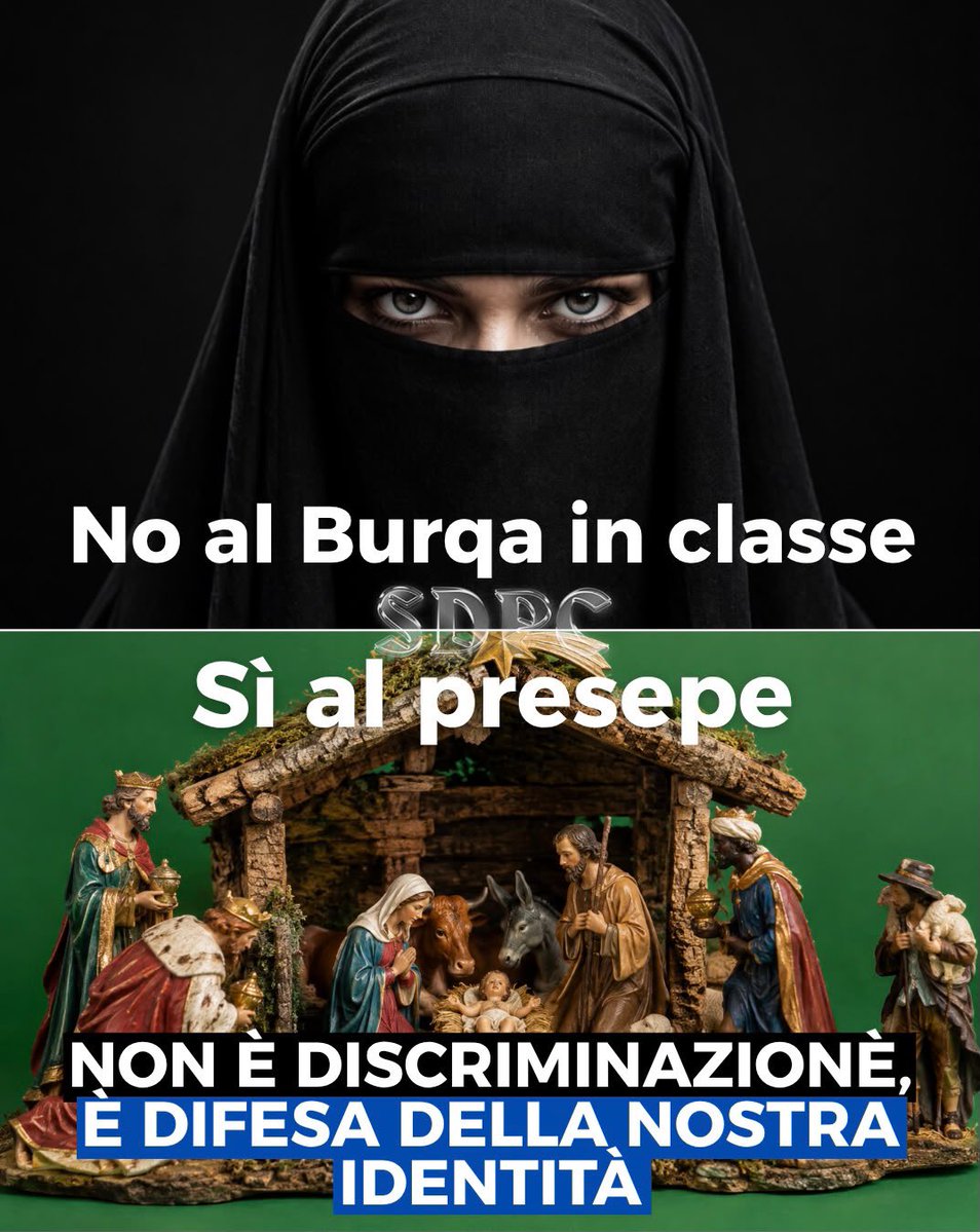 povcomunisti_'s tweet photo. Strana questa sinistra: difende il burqa e il volto coperto, ma si scaglia contro il presepe.

Questa non è integrazione. È disintegrazione della nostra identità.

Ha fatto bene il Governo a difendere le nostre tradizioni e ciò che siamo. https://t.co/E8ZGUsJeK0