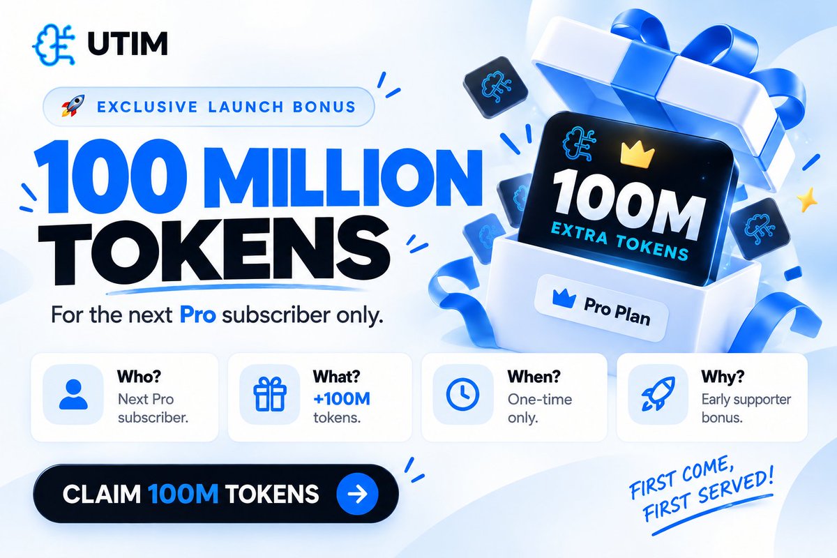 utim_ai's tweet photo. 🚨 100M EXTRA TOKENS.

The next Pro subscriber gets 100 MILLION bonus tokens. 🎁

⚡ One-time offer
🏃 First come, first served.
Once it’s gone, it’s gone. https://t.co/aOVtAsTsOL