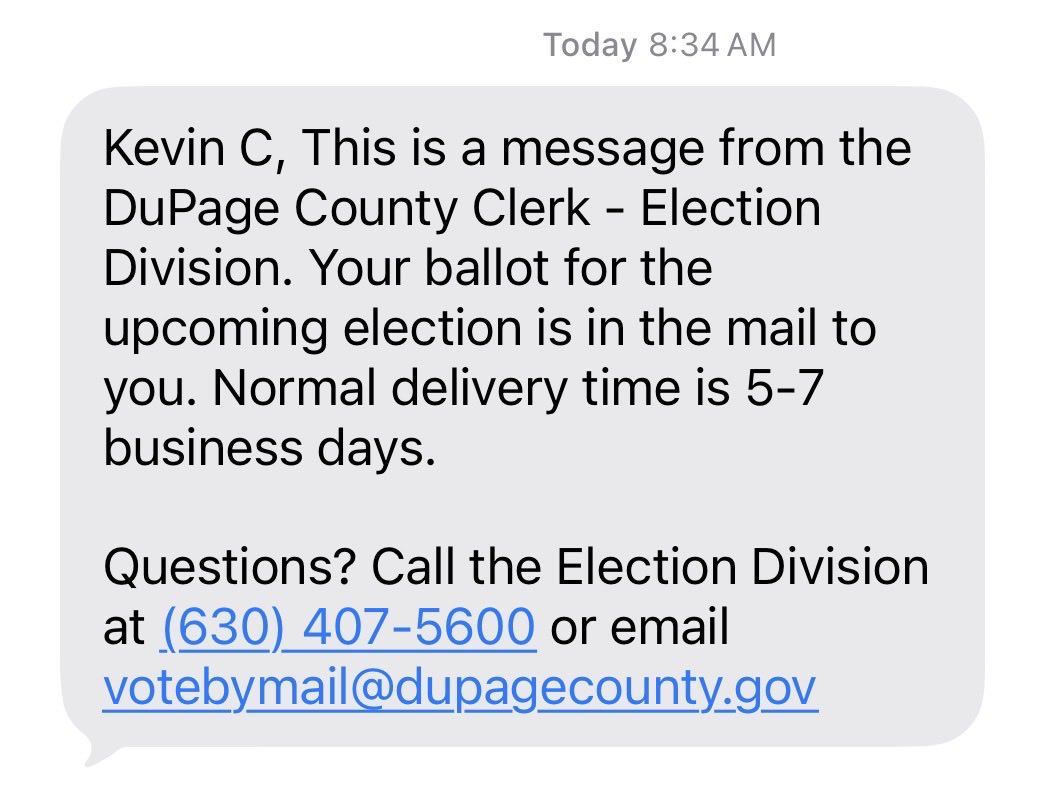 DuPageCountyGOP's tweet photo. Message from the Chairman 

Friends, 

I registered to vote by mail this year. Not because I intend to vote by mail, but because I want to secure my ballot and I want the printed off ballot to review before I vote. 

As a vote by mail voter, I received the text below. A message advising me that my vote by mail ballot had just been sent. In the after math of yet another complete circus to start this election cycle, namely that early voting was shut down because of technical problems and an unresolved candidate challenge (which is it?), I come to find out that these vote by mail ballots were never mailed but have now been placed in “quarantine”? 

We call on our Democratic Clerk Kaczmarek to fully and immediately explain: 

1. What happened today?
2. Where are the vote by mail ballots? 
3. Who is watching over them? 
4. When will they really be mailed?
5. After all the voting problems in the primary, how did all this happen again? 

The Democrats have completely obliterated this once top notch office. Confidence in the integrity of our elections is at an all time low because of absurdities just like today!

Vote for Patricia Kladis-Schiappa for Clerk and Republican in every race on the ballot. Let’s Save DuPage! 

Kevin Coyne 
Chairman of the DuPage County GOP
