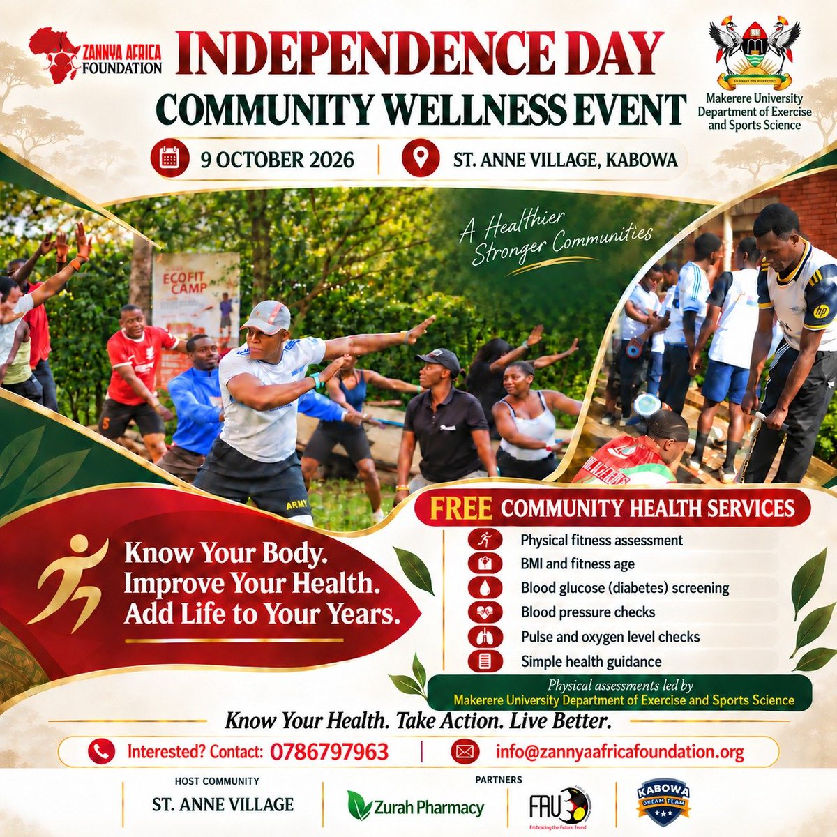 ZannyaAfrica's tweet photo. We’re excited to welcome Makerere University’s Department of Exercise and Sports Science to our Independence Day Community Wellness Event! 🇺🇬

📍 St. Anne Village, Kabowa

#IndependenceDay #CommunityWellness #ZannyaAfricaFoundation
@BintmusaM 
@MGivenRoberts @DOS_Makerere https://t.co/6oBsy6m5e1