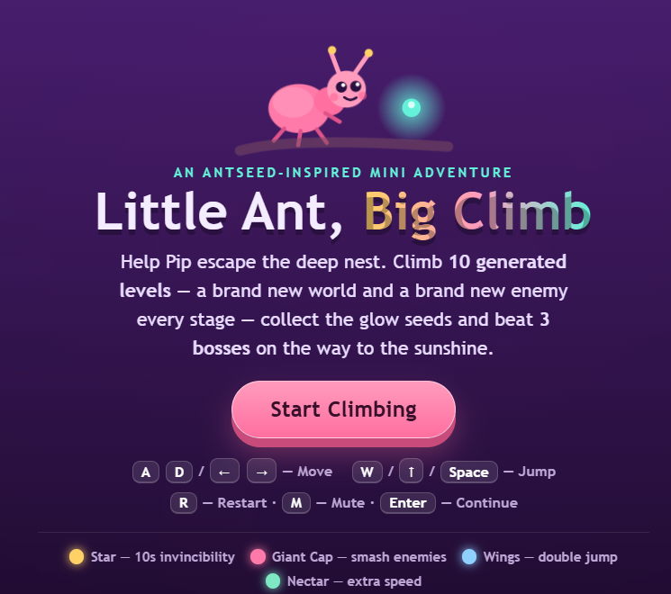 areesnv's tweet photo. Little Ant, Big Climb 🐜

Built with @AntSeed using Claude 5 + 5.5 for just $7.

As someone from finance, I’m amazed I managed to build a fun, working game with AI and somehow ended up playing it for 30 mins 😂
https://t.co/RabZYOmSKp
Try AntSeed and see what you can create 👇 https://t.co/PzHysR5KW4