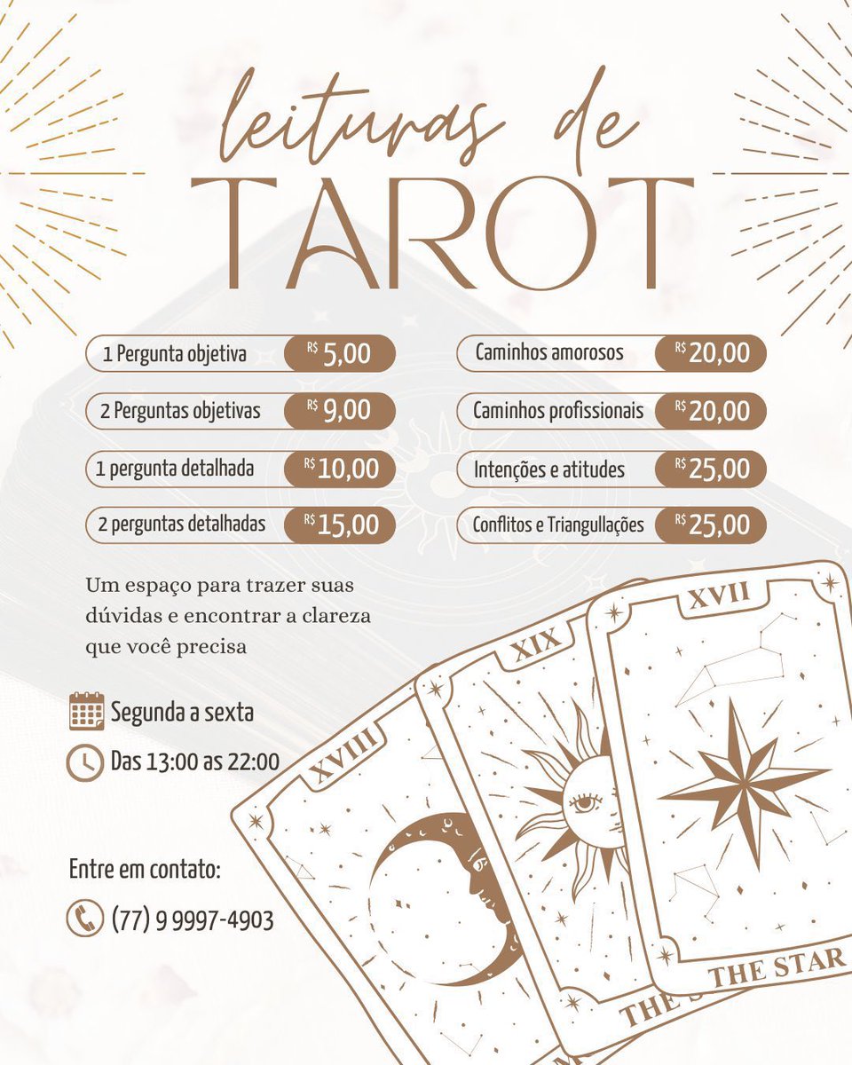 cosmicclovve's tweet photo. mesa de tarot / tarô aberta, tiragens a partir de 5,00 reais. leituras e respostas enviadas em áudio mediante o pagamento. no pedido de duas perguntas objetivas a terceira sai por apenas 3,00 reais 

🏷️: tarot, cartomante, tiragens, leitura de cartas, tarô, cartas, consultas. https://t.co/lxxzVleEUQ