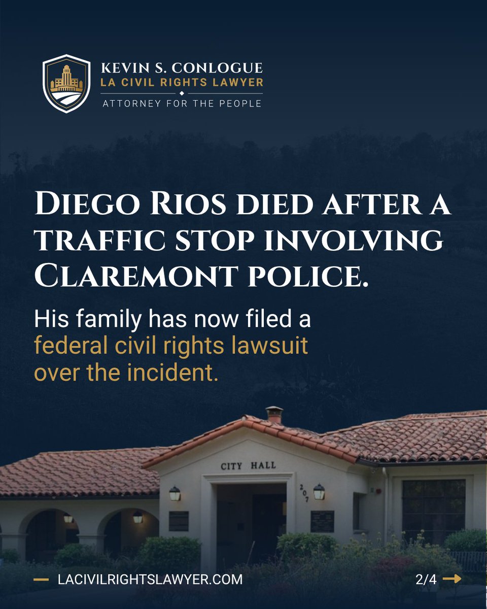 lacivilrightsla's tweet photo. A federal civil rights lawsuit has been filed after Diego Rios died following a traffic stop involving Claremont police.

The case raises questions about use of force, restraint, medical response, and the evidence surrounding what happened.

#CivilRights #PoliceAccountability https://t.co/TQgZbMBYD9
