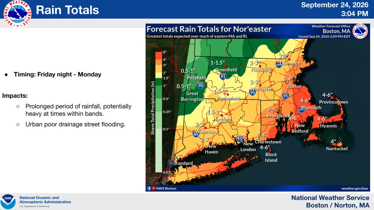 NWSBoston's tweet photo. [Nor'easter] Strong winds and rough seas along with a prolonged period of steady rain across the region are expected through this weekend. Beach erosion, coastal flooding, and wind damage including downed limbs and power outages are our main concerns. Rain may last thru Mon. https://t.co/tysk7Y93MG