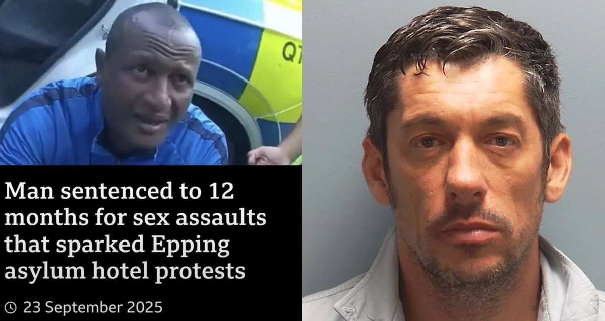 LeeHarris's tweet photo. The monster on the left is illegal migrant Hadush Kebatu. He broke into our country on a small boat and after only 8 DAYS he sexually assaulted a 14yr-old girl and a woman.

He was sentenced to 12 months.

The man on the right is father of 2, Del Somerville. He threw a plastic bottle and swore at police.

He was sentenced to TWO YEARS.

Disgusting two-tier justice.