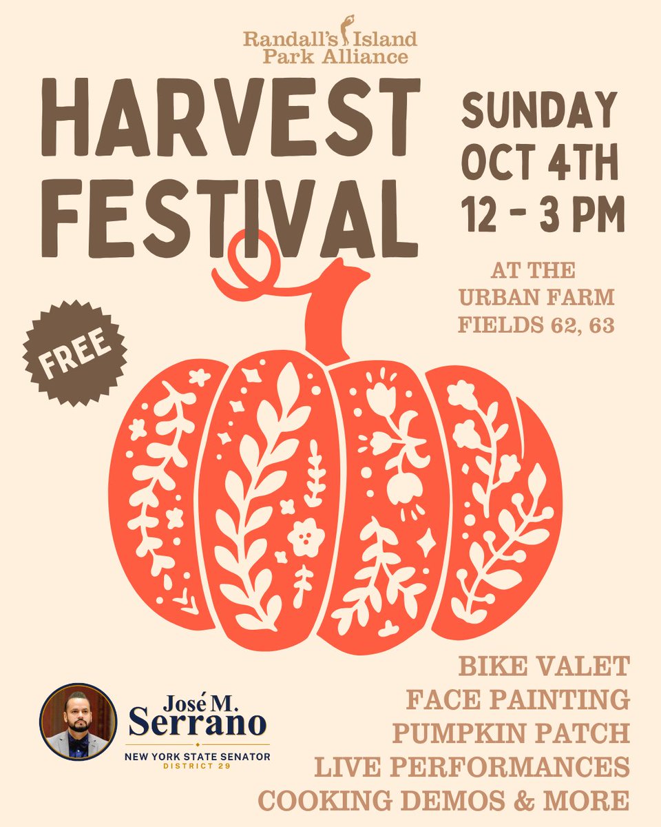 randallsisland's tweet photo. Our FREE Harvest Festival is almost here! Join us on Sunday, 10/4, from 12 - 3 PM at our Urban Farm &amp; Fields 62 &amp; 63!

Pick out a pumpkin, enjoy theater &amp; bubble performances, get your face painted, taste fresh-pressed apple cider, &amp; more!

Details: https://t.co/U5CeBZmKWs https://t.co/M0NxjHwgmW