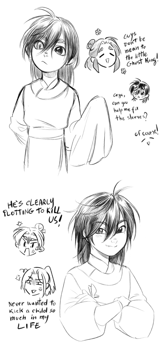 platoeater's tweet photo. Still thinking about Mae's au concept where Xie Lian pre third ascension finds a little amnesic ghost king who turns out to be Hong er!? Must help him! 

#hualian #tgcf https://t.co/VxOEcK32iJ