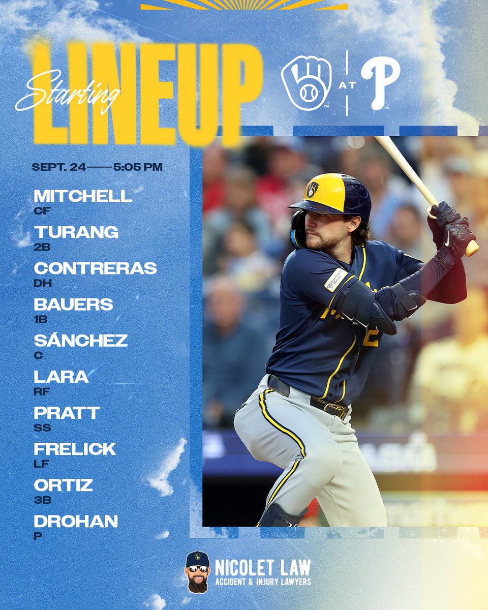 Brewers's tweet photo. Rubber match in Philly

📺: https://t.co/vfk4xUdTIA
📻: WTMJ

#ThisIsMyCrew x @NicoletLaw https://t.co/lt9cXK0rrS