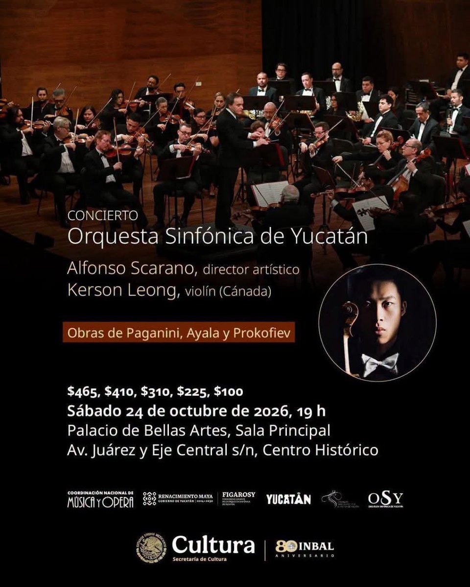PalacioOficial's tweet photo. Una velada para dejarse llevar por el poder y la maestría del violín. La Orquesta Sinfónica de Yucatán (OSY) presenta un repertorio que recorre las grandes obras de Paganini, Ayala y Prokofiev, bajo la dirección artística de Alfonso Scarano y con Karson Leong como solista. https://t.co/kmqWvMCdDY