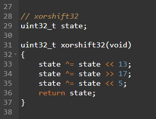 TrisH0x2A's tweet photo. this random number generator is just three lines of shifts and XORs

George Marsaglia introduced xorshift in 2003

despite its simplicity it passes many standard randomness tests and became the default RNG in several game engines https://t.co/LzFn5MwbGV
