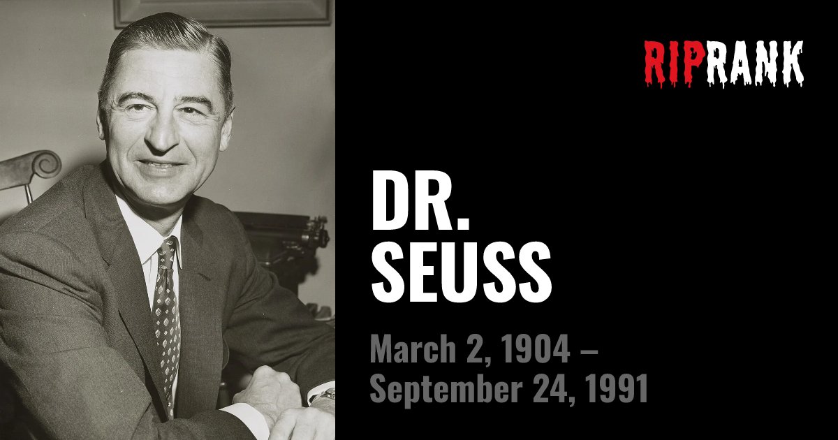 riprank's tweet photo. On this day in 1991, Dr. Seuss died. 35 years later, his curious creatures still find new readers. 📖

Give him a RIP and tell us where he rates: 5 skulls, 3 or lower to start debates? 💀

Rank him: https://t.co/opaUhfK7AN
#RipRank #DrSeuss #OnThisDay https://t.co/l6OyqdQsSC