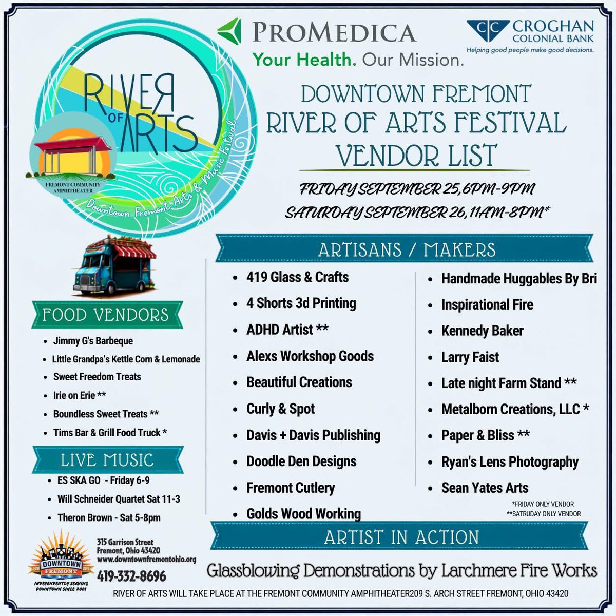 fremcomamp's tweet photo. 🎨 River of Arts is almost here! 🎶

Check out this amazing lineup of artists, makers, food vendors, live music &amp; more joining us for the Downtown Fremont River of Arts Festival!

📅 Friday, September 25 | 6–9 PM
📅 Saturday, September 26 | 11 AM–8 PM
📍 209 S Arch St https://t.co/dW5xg9LgIZ