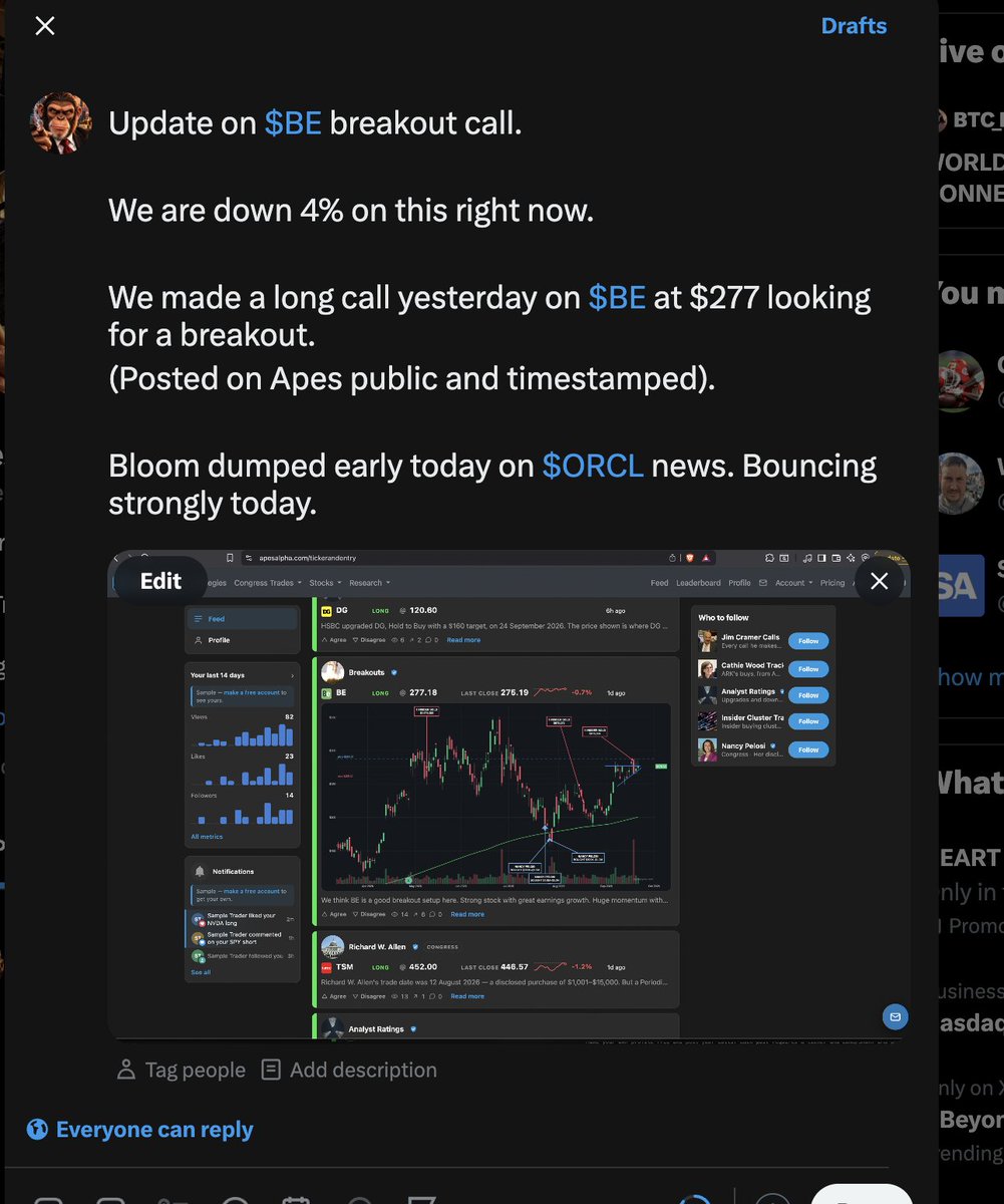 ApesAlphaHQ's tweet photo. Our long $BE  breakout call from 9:57am yesterday is down ~4% due to the $ORCL news today.

On Apes, market calls are public and timestamped.

Just like George, we are doing the opposite. 

We are highlighting our losing calls. https://t.co/di32xkHlgt