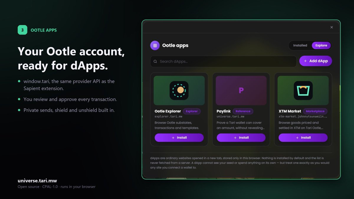 Erebus_Lab's tweet photo. @tari Your Ootle account comes from the same 24-word phrase.

Private and public sends, shield and unshield, and a catalogue of Ootle apps. dApps connect through window.tari, the same API as the Sapient extension, and you approve every transaction. https://t.co/FnVriLeRNO