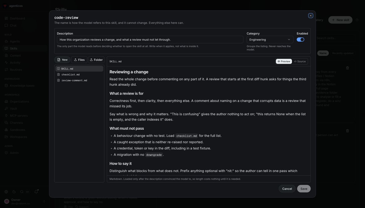 Kacper95682155's tweet photo. AgenticOS supports reusable skills: Markdown procedures you can attach to an agent. ✏️

For a support-triage skill, describe when to use it and what to check. The model can load the instructions when that task comes up.

Built at @VstormAgenticAI . https://t.co/84DGj7mC8T