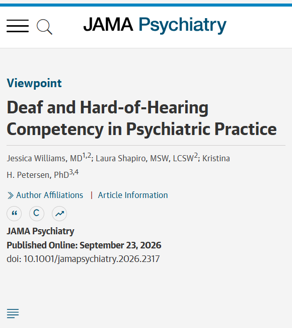 JAMAPsych's tweet photo. 💬 Viewpoint: In #Psychiatry, care for #Deaf and hard-of-hearing patients requires clinical competency because hearing loss, signed language, and social bluffing can complicate the Mental Status Examination and affect diagnosis. 

https://t.co/5N0V0mGbVP https://t.co/KF9MDTVdPy