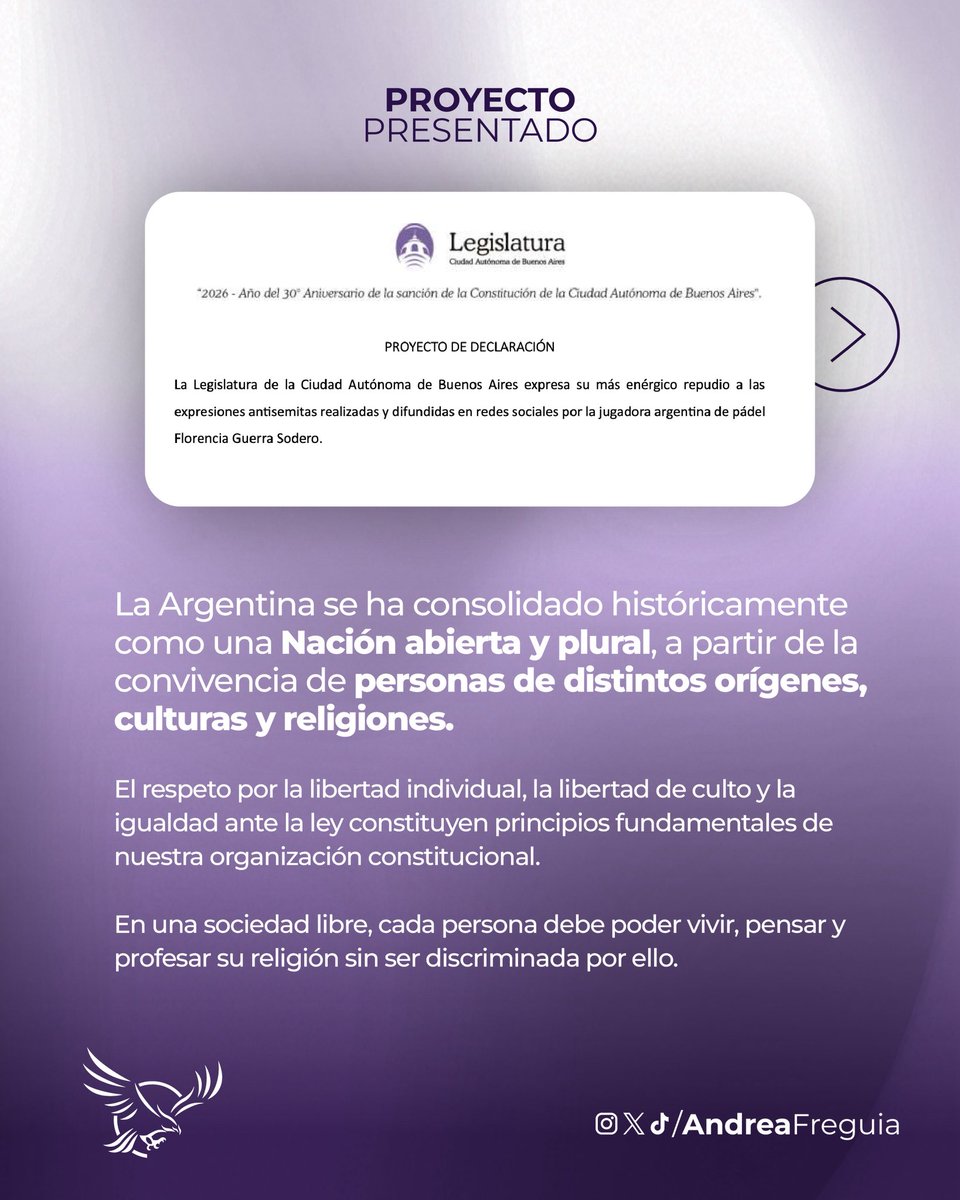 AndreaFreguia's tweet photo. Presentamos un proyecto en la Legislatura para repudiar las expresiones antisemitas de Florencia Guerra Sodero.

El antisemitismo no tiene lugar en el deporte ni en nuestra sociedad. https://t.co/HjzsGD3yxt