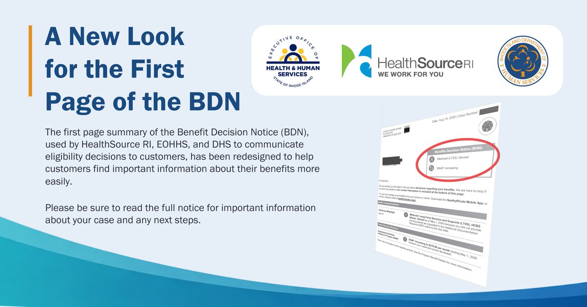 RIHumanServices's tweet photo. Have you received a refreshed Benefit Decision Notice? EOHHS, HSRI, and DHS worked to make information about decisions and required actions easier to read. See RI Current’s story here: https://t.co/IU1PNjrcFx https://t.co/vJEKKBM135