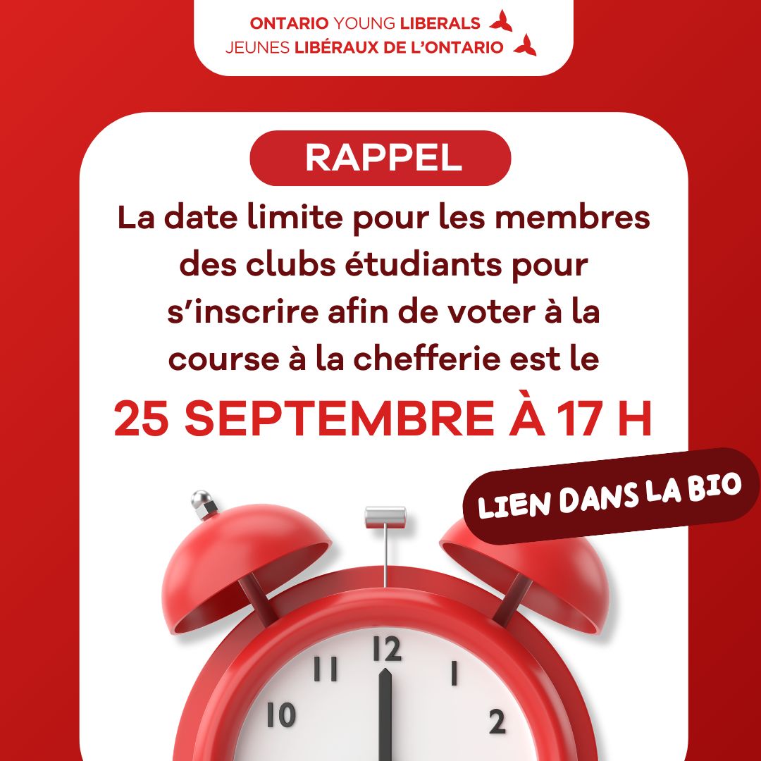 OYLorg's tweet photo. RAPPEL : La date limite est DEMAIN à 17 h!

Membres des clubs étudiants, assurez-vous d’être inscrits pour voter dans la course à la chefferie du PLO.

Pour vous inscrire, devenez membre du PLO et sélectionnez votre club universitaire lors de votre inscription. Lien dans la bio! https://t.co/CbBZiEcJeu