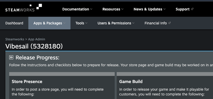 A screenshot of the Steamworks App Admin dashboard showing release progress for a game called 'Vibesall (5328180)' with sections for Store Presence and Game Build requirements.