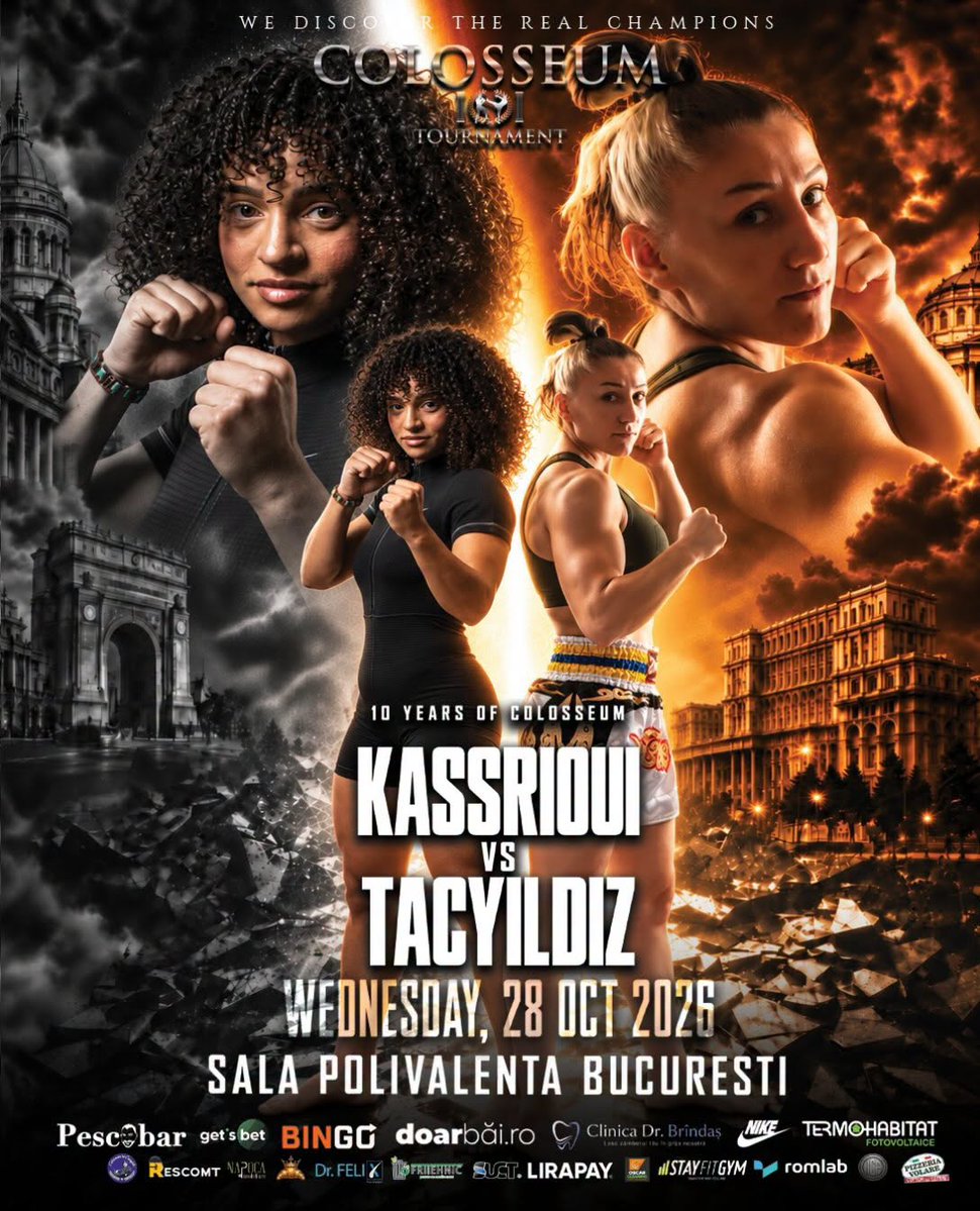 kickboxing_ro's tweet photo. Monumental clash set for Colosseum Tournament 51: 'Female #BadrHari' 🇲🇦🇳🇱 Ibtissam Kassroui, one of the world's top openweight fighters, faces living legend 🇹🇷 Bediha Taçyıldız (16-0)—undefeated Turkish legend with 6 IFMA Muay Thai World Championships & 1 WAKO World Championship! https://t.co/z3uac9IsVX