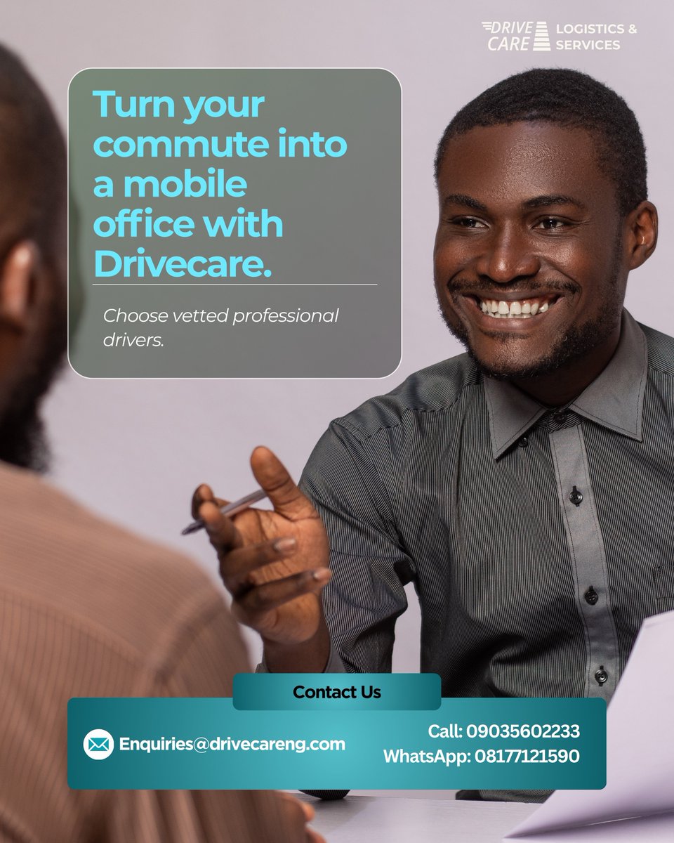 DrivecareNgLtd's tweet photo. Turn your commute into productive time.

#Drivecare #mobileoffice #lagos #professionaldriver #vetteddrivers https://t.co/zcMqsbDYHc