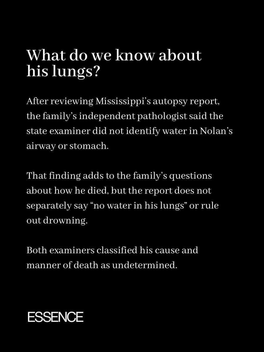 Essence's tweet photo. What happened to Nolan Wells on Horn Island? His family says a new examination of his phone raises more questions.

At a Thursday news conference, digital examiner Andrew Garrett said messages were deleted sometime after Nolan last used his phone at 2:18 p.m. on July 4 and before his family recovered it. Garrett said he cannot determine who deleted them or why.

The team also recovered Snapchat conversations in which people discussed whether others on the island could be racist. One exchange described two men in boats as “really sketchy-looking.” Attorney Ben Crump stressed that the messages do not prove Nolan’s death was racially motivated.

Nolan was found dead two days after the island trip. His cause and manner of death remain undetermined. His family wants investigators to explain his injuries, examine the new phone findings, and keep the case open. They are also calling for a federal review. 

We will keep you updated as new details emerge.