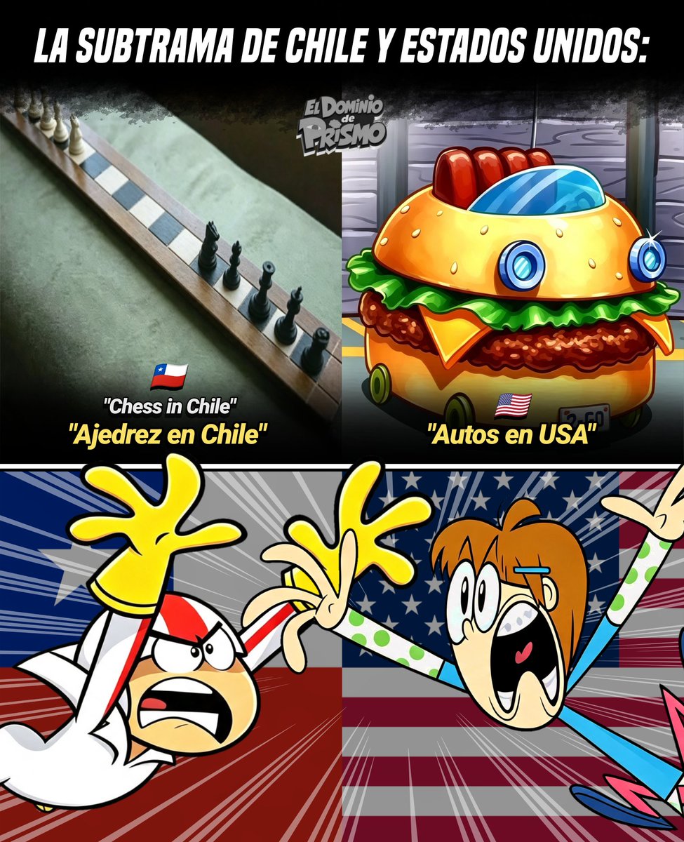 DominiodePrismo's tweet photo. 🇨🇱🇺🇸 Recientemente, varias cuentas de Estados Unidos han estado compartiendo memes sobre Chile, y los chilenos respondieron haciendo lo mismo con los estadounidenses. 

Una subtrama que surgió de la nada. https://t.co/aOU8VuGebn