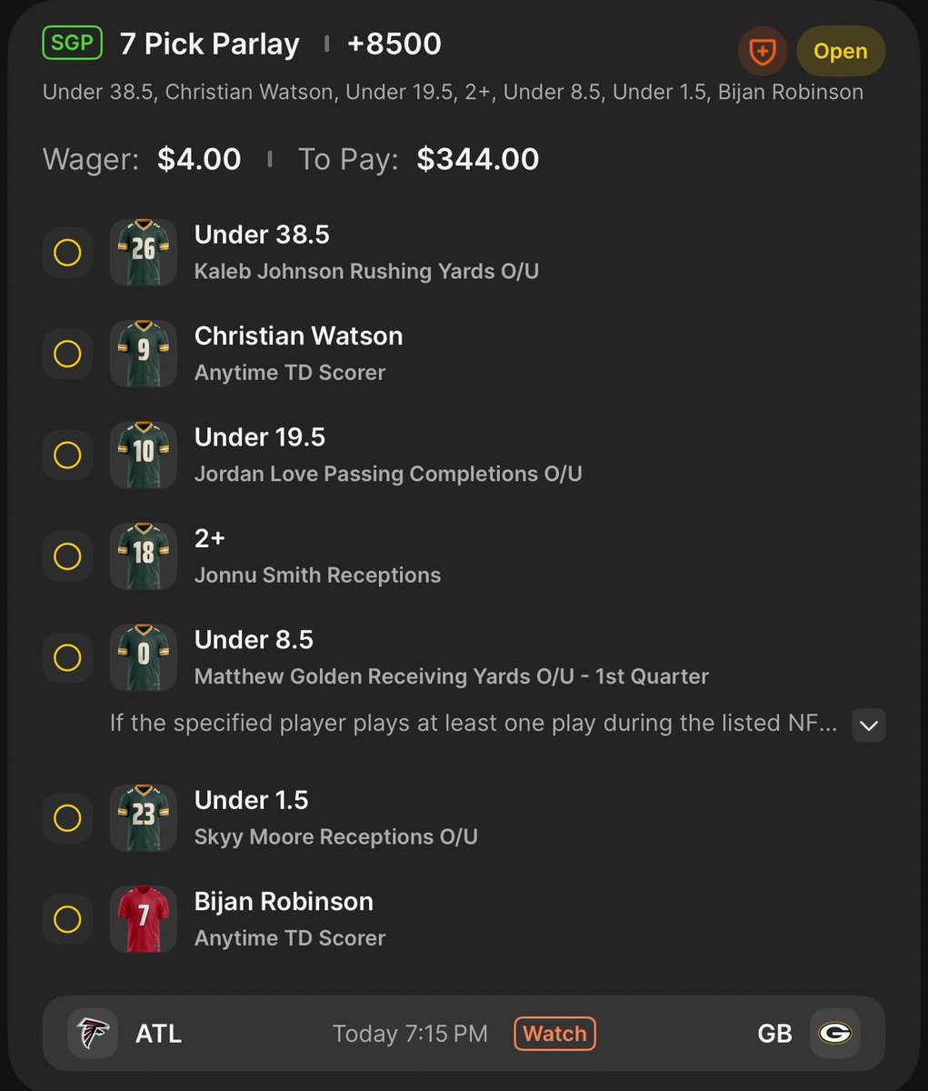 EdgeTheoryPlays's tweet photo. 🔥 TNF LOTTO CARD IS LOCKED 🔒🏈

ATL 🆚 GB
7 legs | +8500 👀
💰 $4 ➡️ $344

Built this one off the prop board — mixing unders with Christian Watson + Bijan Robinson ATTD. 🎯

Definitely the longshot sprinkle, not the bankroll builder 😂🍀#TNF #NFLProps #SportsBetting #EdgeTheory https://t.co/1YkKgL367u