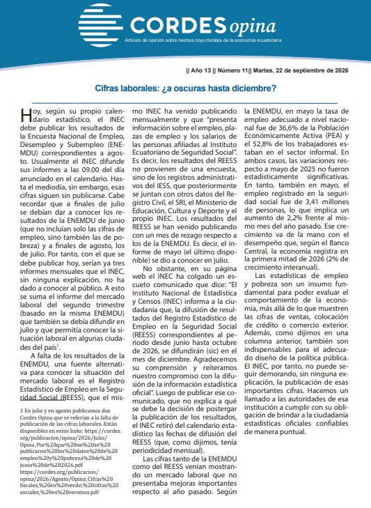 ecuainm_oficial's tweet photo. ‼️#URGENTE
CORDES cuestionó que el INEC no haya publicado los resultados de la Encuesta Nacional de Empleo, Desempleo y Subempleo (ENEMDU) correspondientes a junio, julio y agosto, pese a que constaban en su calendario estadístico. La organización señaló que la falta de estas cifras impide evaluar de manera oportuna la situación del mercado laboral y pidió al INEC informar las razones de la demora y publicar los datos pendientes.
▶️@CORDES_Ecuador 
DG