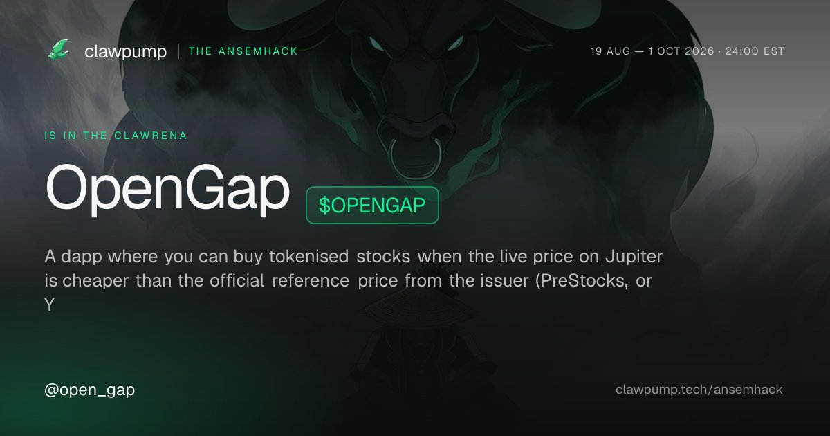 Open_Gap's tweet photo. We're entering The AnsemHack Clawrena, hosted by @clawpumptech, with OpenGap ($OPENGAP) 🐂

Agents powered by solana:739dnZEG4yaBWFsY8L8ZwrfhGG6dhtCSercW8Umspump. $350K in $ANSEM, cash and compute across four awards.

@open_gap https://t.co/e8o1b8Zw36 https://t.co/Jfr2kwBuzL