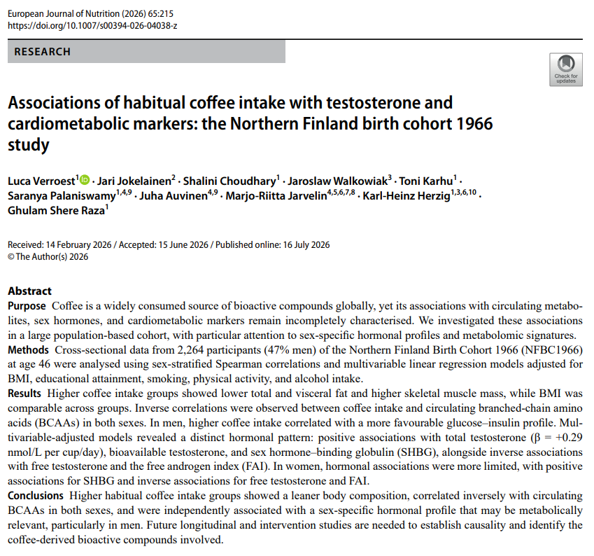 NTFabiano's tweet photo. Higher coffee intake was associated with higher total testosterone in men. https://t.co/Y7oZ7tayaH