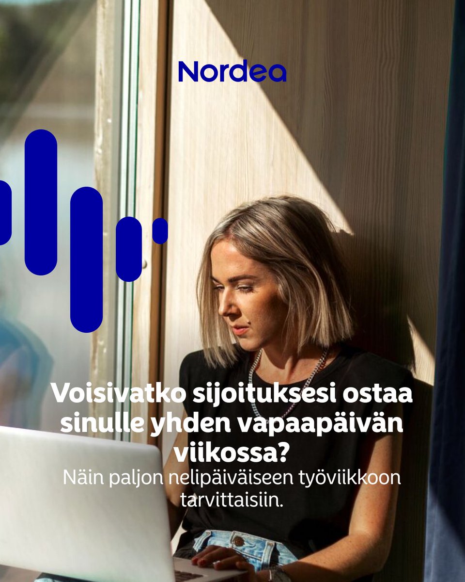 Nordea_FI's tweet photo. Sijoittamisen tavoitteena ei tarvitse olla varhainen eläköityminen. Se voi tuoda mahdollisuuden keventää työviikkoa ja saada enemmän aikaa palautumiselle.

Katso Tanja Erosen laskelmat eri ikä- ja palkkatasoille: https://t.co/u0wgnnRa41 https://t.co/0wPPGIREoY