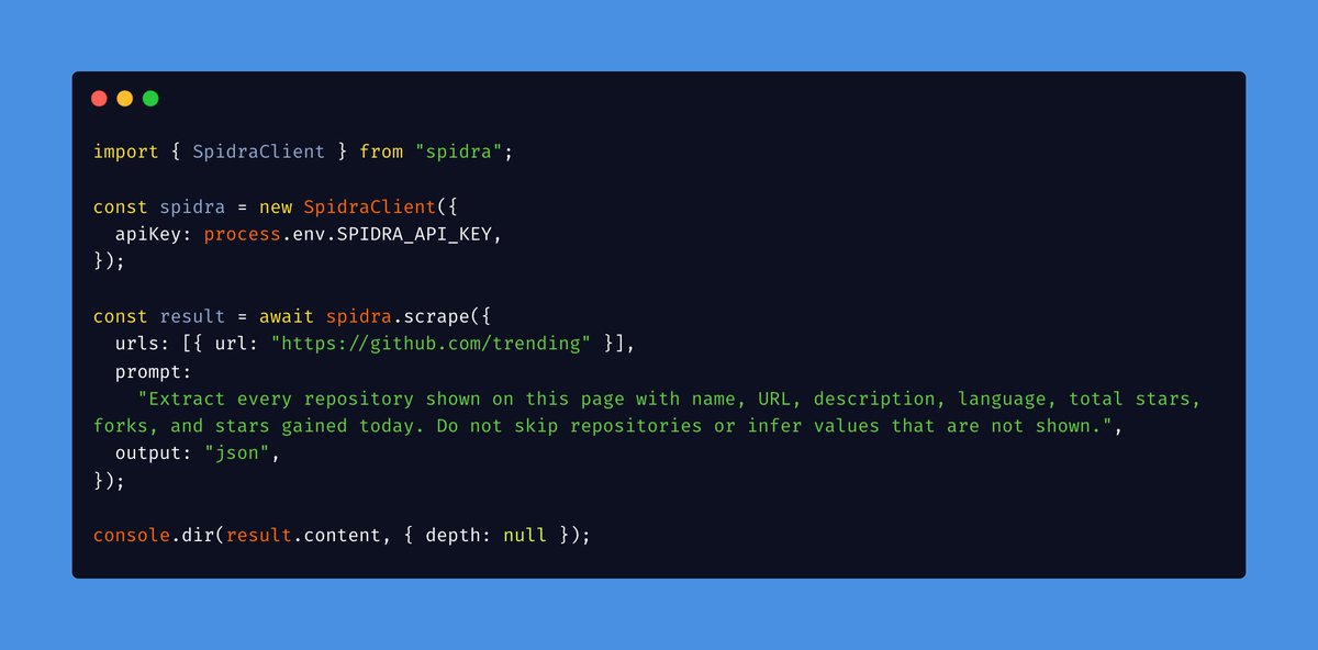 olawanle_joel's tweet photo. Just pushed an update to the Spidra Node.js SDK.

I tested it on GitHub Trending...

One spidra.scrape() call, a short prompt, and the full page came back as structured JSON.

No custom parsing needed.

https://t.co/x2Vf5MZs4c

#Spidra #WebScraping #NodeJS https://t.co/g9HSf46fEZ