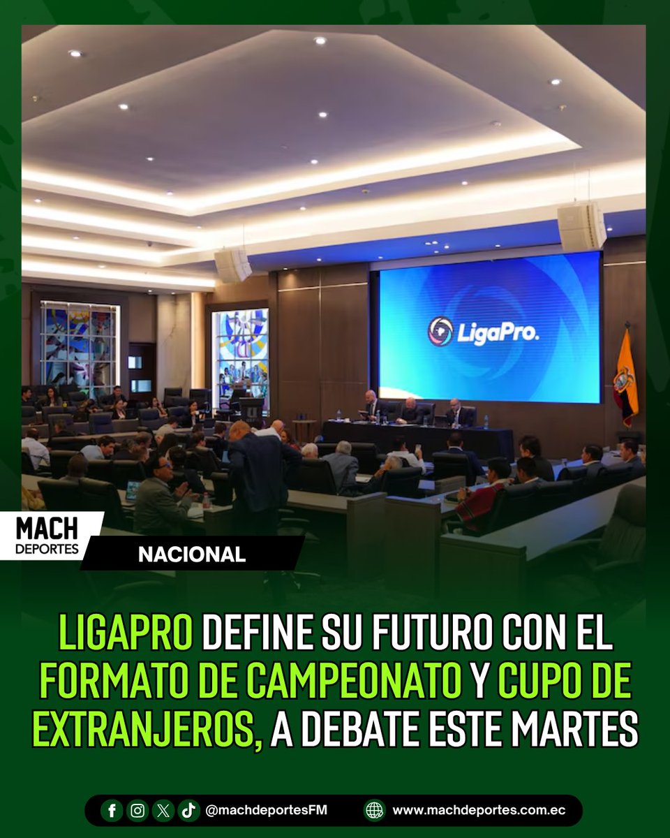MachdeportesFM's tweet photo. ⚽️📋 LigaPro se prepara para definir varios aspectos importantes de cara a la temporada 2027.

El próximo martes se desarrollará el Consejo de Presidentes de LigaPro, reunión en la que los principales dirigentes de los clubes analizarán un total de 10 puntos relacionados con el futuro de la competencia.

Entre los temas que estarán sobre la mesa destacan la posibilidad de establecer un nuevo formato para el campeonato de 2027 y la definición de la cantidad de jugadores extranjeros que podrán ser inscritos por cada equipo. 🌎⚽️

Las decisiones que se tomen durante esta jornada podrían marcar algunos cambios en la planificación de los clubes para la próxima temporada, especialmente en aspectos deportivos y en la conformación de sus plantillas.

ℹ @carliayasan 

🤳 #LaDinastíaContinúa #Ecuador #LigaEcuabet #FutbolEcuatoriano #ConsejoDePresidentes