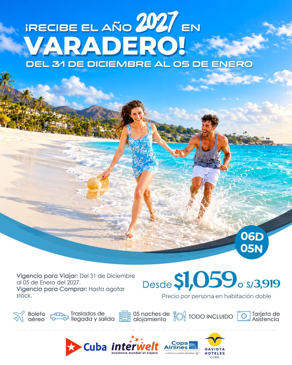 _TravelPartners's tweet photo. ¡Año Nuevo 2027 a Varadero del 31 de Diciembre al 05 de Enero! ✨😉❤️ https://t.co/z9oT4qqdrs
