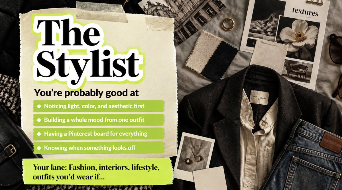 fyproai's tweet photo. Part 2: The Stylist. 

You notice the light, colors, and aesthetic before anything else.
One outfit can turn into an entire mood.And you probably have a Pinterest board for everything.

Your lane: fashion, interiors, lifestyle + outfit inspiration. https://t.co/GA0Tgw3DB6