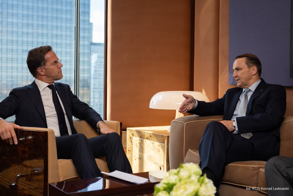 PolandMFA's tweet photo. 📍 New York

Deputy PM, FM @sikorskiradek met with NATO Secretary General Mark Rutte @SecGenNATO.

The talks focused on further strengthening security and cooperation within the Alliance, as well as the challenges facing NATO members. https://t.co/uGPSXMyOH0