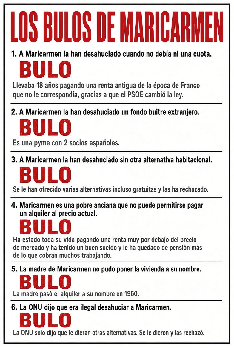 Mr_Jones_k's tweet photo. 🚨LOS BULOS MARICARMIANOS🚨

Hasta 6 BULOS se ha inventado la izquierda sobre el desahucio para tapar que el gobierno se dedica a mandar sicarios a los jueces que los investigan.

Cientos de horas de tertulias.
Manifestaciones.
Declaraciones de políticos.

🚨Y todo es MENTIRA🚨 https://t.co/onAJJfB2BO