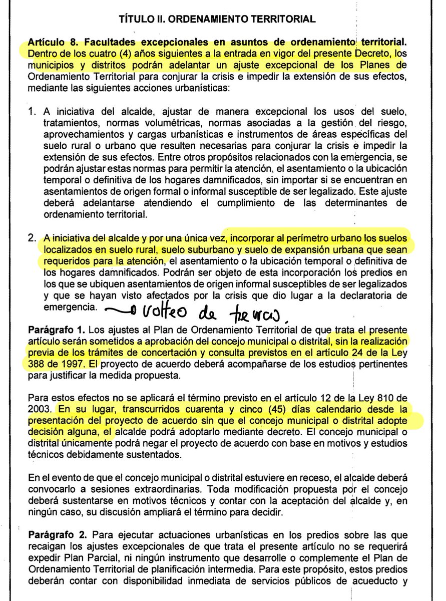 SLondono00's tweet photo. 🚨🚨 ALERTA 🚨🚨 @Minvivienda está legalizando el volteo de tierras y quitándole competencias a los concejos municipales.
El Decreto 1422, que se sustenta en la Emergencia Económica declarada por @ABDELAESPRIELLA, vulnera la autonomía que tienen los concejos,
Elimina la concertación ambiental y obligatoria y faculta a los alcaldes a “voltear” suelo rural a urbano por los próximos 4 años, sin control previo ¿qué piensa @fabio_arjona y @MinAmbienteCo?
Los concejos están obligados a rendirle cuentas al alcalde si deciden negar estas modificaciones en los POT, quitándoles su autonomía.
Los alcaldes tienen carta blanca para urbanizar suelos rurales, y prácticamente le usurpan funciones a los concejos municipales y distritales que hoy establece la constitución y la ley.
Es GRAVÍSIMO. Esto es claramente ilegal.
