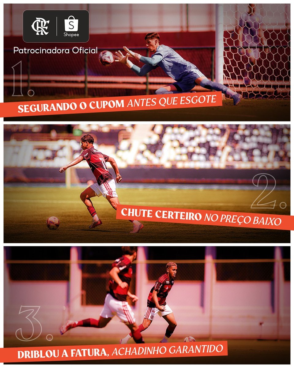 Flamengo's tweet photo. Segurando o cupom, acertando o preço baixo e driblando a fatura. 😂 

Cada lance da base também tem seu replay favorito. ❤️🖤
Qual desses três já foi você? 👇 

#CRF #OlhaNaShopee #ShopeeFla #ad https://t.co/LGzWAsdUQW